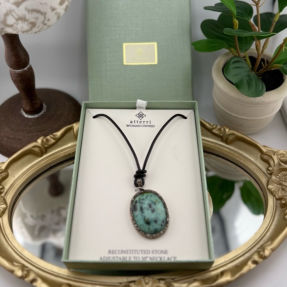 Atterri Adjustable Black Cord Necklace with Oval Reconstituted Stone Pendant - Picture 1 of 8